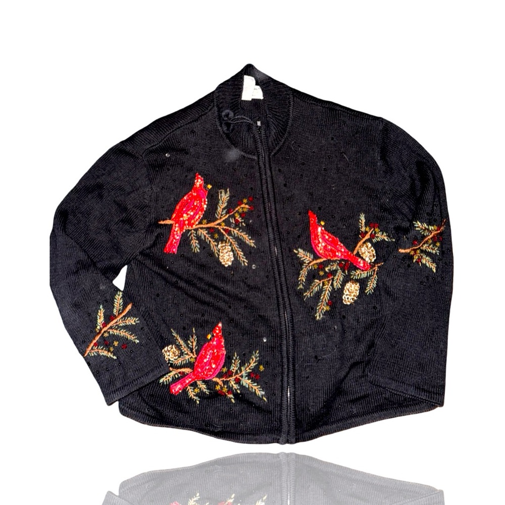 Ugly Christmas “Red Robin” Sequined Full Zip Sweater: Women’s XL: Vintage Xmas
